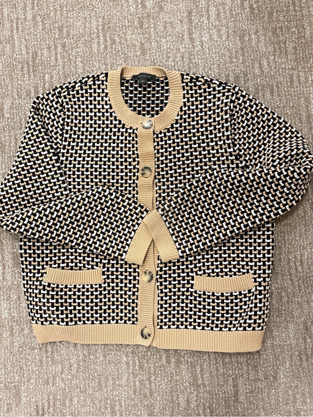 Ann Taylor Black Tan White Textured Knit Button Front Cardigan Sweater Size XL - Picture 11 of 11